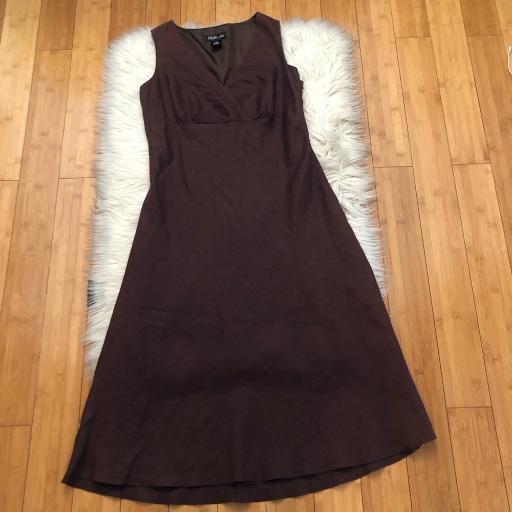 Style&Co 100% Linen Brown Chocolate Surplice Sleeveless Midi Dress size 8